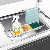 Longyi Spülbecken Organizer,Schwammhalter Küchen Organizer Edelstahl,Teleskop Waschbecken Organizer Spülbeckenregal für Küchen,Abtropfgestell mit Geschirrtuchhalter（Einstellbare Länge 42,5-54cm）