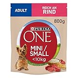 PURINA ONE Mini/Small Adult Hundefutter trocken für kleine Hunde, reich an Rind & Reis, 8er Pack (8 x 800g)