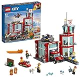 LEGO 60215 City Feuerwehr-Station, Bauset mit Lastwagen, Wasserscooter, Drohne und 3 Feuerwehr-Minifiguren sowie Licht- und Ton-Stein, Feuerwehrspielzeuge fü