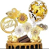 iZoeL Tortendeko Gold Happy Birthday Topper Golden Konfetti Luftballon Feuerwerk Papierfächer Kuchendeko Geburtstag