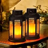 Solar Laterne mit LED Kerzen - OxyLED 2 Stück Gross Schwarz Metall Außen Gartenleuchte mit Flacker Effekt IP44 Wasserdicht Vintage Hängend Balkon Deko für Aussen Patio Terrasse Wand T