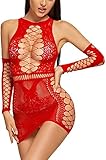Bommi Fairy Damen Sexy Spitzen Set Mesh Dessous Set Fischnetz Babydoll Mini Kleid Free Size Bodysuit Nachtwäsche Unterwäsche Sexy Perspektiv Erotische Dessous Lingerie Erotik Reizwäsche (Rot)