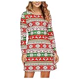 JJggsi4 Weihnachts Kleider Damen Langarm Weich Satin Kleid Reindeer Elf Schneemänner Schneeflocke Druck Christmas Swing Kleid Skaterkleid Festival Weihnachten Party A-Line Xmas Partyk