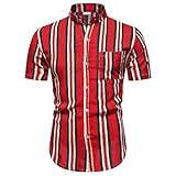 Herren Frühling/Sommer Gestreift Stehkragen Casual Kurzarm Shirt Sommer Revers Casual Loose T-Shirt Top Sommer Leicht Bequem Shirt Casual Mode Alltag Vielseitig Herren Shirts, rot, M