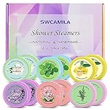 Shower Steamers, SWCAMILA 12 Stück Aromatherapie Shower Steamers Geschenkset für Frauen, Organisch Badebomben mit Natürlichen Ätherischen Ölen für Weihnachts, Geburtstags, Valentinstag, Muttertag