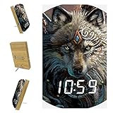 Lichtwecker Tischuhren Böhmischer Wolf LED Tischuhr mit Temperaturanzeige,USB Wiederaufladbar Reisewecker mit 3 Alarmen, Schallinduktion Funktion, 12/24H 15.8x9.7x2.3
