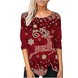 Komiseup Damen Casual Unregelmäßige Weihnachtsdruck Rundhals Langarm Pullover T-Shirt Top