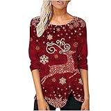 Komiseup Damen Casual Unregelmäßige Weihnachtsdruck Rundhals Langarm Pullover T-Shirt Top