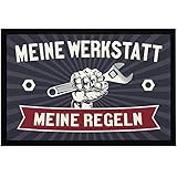 Moonworks® Fußmatte lustig mit Spruch Meine Werkstatt Meine Regeln Geschenk für Papa Opa Handwerker rutschfest & waschbar schwarz 60x40