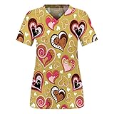 Graceyo Damen Arbeitskleidung Uniformen V-Ausschnitt Valentinstag Drucken Schlupfhemd Kasack Kurzarm Pflege T-Shirts Tops Arbeitsuniform Schlupfkasack Bunt Motiv Übergröße Kasack Pflege mit T