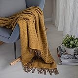 Linen & Cotton Decke Wolldecke Wohndecke Kuscheldecke Paris mit Rautenmuster - 100% Reine Neuseeland Wolle, Braun Gelb (140 x 200 cm) Tagesdecke Sofadecke Plaid Blanket Sofa Bett Lammwolle Schafsw