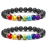 Senidea 2 Stück 7 Chakra Armband für Damen Herren, Meteorit Armband, Natürliche Energiesteinen Entspannung Yoga Armbänder, Meditation Buddha Armband Lavastein Stein Armband 8mm mit Geschenkb