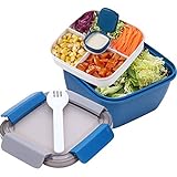 Cslada Lunchbox 1.5 Liter Salatbehälter mit Getrenntem Dressingtöpfe und Besteck, Auslaufsichere Salatschüssel to Go mit 3 Fächern für Salattoppings und Snacks, Salatbox aus Kunststoff (Blau)