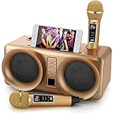 Karaoke Maschine,Bluetooth Karaoke Anlage,Tragbares PA-System mit 2 drahtlosen Mikrofonen,Lautsprecher mit Handyhalter/USB/TF-Karte/AUX-In,für Heimparty,Hochzeit,Kirche,Picknick,Outdoor/Indoor[Gold]