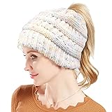 LADES Damen Strickmütze - Gestrickt Verdicken Wintermütze Mit Zöpfen Loch Loop Gefütterte Beanie Plain Warme Hut Hohe Bun Pferdeschwanz Mütze, Weiß B, M