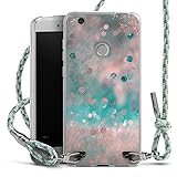 DeinDesign Carry Case kompatibel mit Huawei P8 Lite 2017 Hülle mit Band Handykette zum Umhängen hellgrün Glitter Silvester Glitzer Look