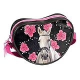 KLEINE Schultertasche 19 x 15 x 3 cm Motiv Pferd & Rosen - SCHWARZ/PIN