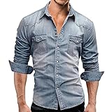 Buby Herren Muscle Cowboy Shirts Revers Button Up Bleach Dickes Denim T-Shirt Tops Manner Casual Mode Slim Fit Langarm Cardigan Sweatshirt mit Brusttaschen Schwerer Stoff Pullover Outwear M