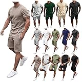 Chejarity Herren Jogginganzug Sportanzug Männer Einfarbig Trainingsanzug Fitness Sporthose T Shirt+Short, Sommer Herren Outfit Sport Set Jumpsuit für Kurze Hose Kurzarm Freizeitanzug