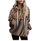 iHENGH Damen Fluffy Hoodie Herbst Winter warm Leopard Farbblock Pullover Teddy-Fleece Plüsch Kapuzenpullover Pulli Casual Einfarbig Langarm Sweatshirt Hoodies Jaken(B-Khaki,L)