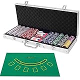 COSTWAY 500 Laser-Chips Pokerset, Poker Komplett Set mit Chips, 2 Spielkarten, 5 Würfel, 3 Händler-Chips und Tischtuch, Kasino Pokerkoffer Aluminium mit 2 Schlüsseln (Silber)