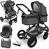 KIDUKU® 3 in 1 Kinderwagen Komplettset | Kombikinderwagen Set inkl. Babywanne Buggy Auto-Babyschale Fußsack | Voll-Gummireifen Wickeltasche Regenschutz Kindertisch (Anthrazit/Schwarz)