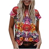 Damen T-Shirt Frühling Sommer Scenic Blumen Motiv Tops Bunte 3D gedruckt Pullover Casual Kurzarm V-Ausschnitt Tunika Street Trend Bluse mit V-Ausschnitt (L,Rot)