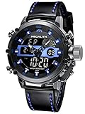 MEGALITH Herrenuhr, Militär Uhr Sport Outdoor, Digitaluhr Herren Chronograph Groß Armbanduhr Leder Schwarz, LED Wasserdicht Tactical Watch Militär, Herrenuhr Analog Digital mit Wecker Datum Stopp