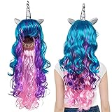 Vamei Einhorn Perücke Damen Lockiges Haar Perücke Lang Perücke Cosplay Regenbogen Perücke Damen mit Einhornohren und Einhornhorn für Einhorn Party Halloween Karneval Kostüm-58