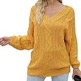 Cocopa Pullover Damen Herbst ，Oversize Langarm Strickpullover mit v Ausschnitt, Longpullover Einfarbig Sweatshirt Strickpulli Pullis für Winter und Herbst Gelb M
