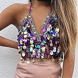 Damen Glitter Halfter BH,Pailletten Quaste Halfter Crop Top Sexy Latin Bauchtanz Pailletten BH Party Club Tragen Kostüm (Color : Purple(as picture), Size : Free size)