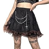 Damen Spitze Mesh Mini Faltenröcke Hohe Taille Goth Y2k Rock Punk Dark Academia Ästhetische E Mädchenkleidung (Schwarz, M)
