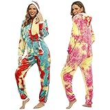 Damen Jumpsuit Schlafanzug Flanell Reißverschluss Nachthemd Tie Dye Druck Verdicken Doppelseitiger Plüsch Fleece Bequem Einteiler Overall mit Kapuze und Kängurutasche Pyj