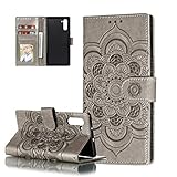 HMTECH Galaxy Note 10 Hülle,Für Samsung Galaxy Note 10 Handyhülle Prägung Mandala-Blume Flip Case PU Leder Cover Magnet Schutzhülle Ständer Handytasche für Samsung Galaxy Note 10,LD Mandala Gray