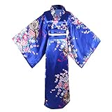 Damen Kimono Kostüm Erwachsene Japanische Geisha Yukata Süß Floral Muster Gown Blossom Satin Bademantel Nachtwäsche mit OBI Gürtel, 30 lang Königsblau, Larg