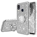 Nadoli Glitzer Hülle für Galaxy A10S,Kristall Diamant Strass Bumper mit 360 Ring Kickstand Silikon Schutzhülle Handyhülle Frauen Mädchen für Samsung Galaxy A10S,Silb