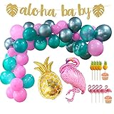 Sommer Deko Sommerparty XXL Set - 60 Teile - Grillparty und Cocktail-Party Dekoration - XXL Folienballons, Luftballons, Girlande, Kuchentopper, aloha - grün, gold, pink