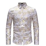 yaunli Herrenhemd Herrenhemd Blumendruck Herren Casual Langarmhemd Langarmknopfhemd Slim-Fit-Hemd der Männer (Farbe : White, Size : S)