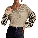 Orgrul Pullover Damen 2021, Leopard Langarm Patchwork Lose Strickpullover Tops Lässige Weiche Warme Pullover Bluse (S, Beige)