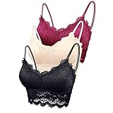 FEOYA Damen BHS 3er Pack Ohne Buegel Push up Yoga Spitze BH Bra Top Set Sport-BHS für Women (3PCS Rot Schwarz Hautfarbe, L)