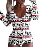 Schlafanzug Po Klappe Damen V-Ausschnitt kurz Knöpfe Flip Cover Weihnachten Jumpsuit Sexy Einteiler Damen Jumpsuit Flanell Pyjama Strampler Hausanzug Lässig Aufdruck Komfortables Homew