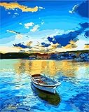 YEESAM ART Kunstbedarf Boot im Blau See, Malen nach Zahlen Erwachsene 16x20 Zoll DIY Ölgemälde Zahlenmalerei Öl Wandkunst (Boot, mit Rahmen)