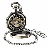 Schwarzer Ton Jahrgang Taschenuhr Spezielle Octagon Fall Steampunk Skelett mechanisch für Männer Frauen mit Kette + Geschenk-Box