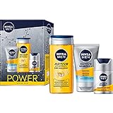 NIVEA MEN Power Active Trio Geschenkset, energiespendendes Set für einen aktiven Start in den Tag, Pflegeset mit Duschgel, Waschgel und Gesichtspflege C