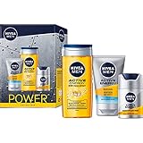 NIVEA MEN Power Active Trio Geschenkset, energiespendendes Set für einen aktiven Start in den Tag, Pflegeset mit Duschgel, Waschgel und Gesichtspflege C