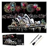 H HOMEWINS Kratzbilder 405 x 285 MM Weltberühmte Sehenswürdigkeiten Wandbild DIY Kunst Zeichnung City Night View Schwarz Beschichtet Bunte Kratzpapier mit Werkzeug Set (Sydney Opera House)