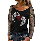 Strickpullover Pullover Frauen Leichte Langarm Top Strass Netzgarn Design O Neck Top Herbst Winter Freizeitkleidung Strap Shirt Bluse Für Party (XL,2rot)