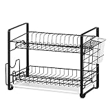 SONGMICS Abtropfgestell, 2-stufiger Geschirrständer, mit Messerhalter, Halterung für Schneidebrett, abnehmbare Tropfschale, Stahlgestell, für Küche, platzsparend, schwarz KCS018B01
