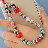 Beads Phone Chain Perlen Telefonkette Holzperlen Handykette DIY Smartphone Teile Dekoration Handy-Charm-Riemen mit Liebe gestreifte Perlen Blumenperlen für Kameras MP3 U-Disk Schlüsselanhänger Mp4