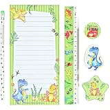 6-teiliges Schreibset für Grundschul Kinder | Dino-Motiv | mit Bleistift Spitzer Lineal Radierer Schreibblock & Button | Geschenkidee zur Einschulung | Mitgebsel für Kindergeburtstag | Set 4